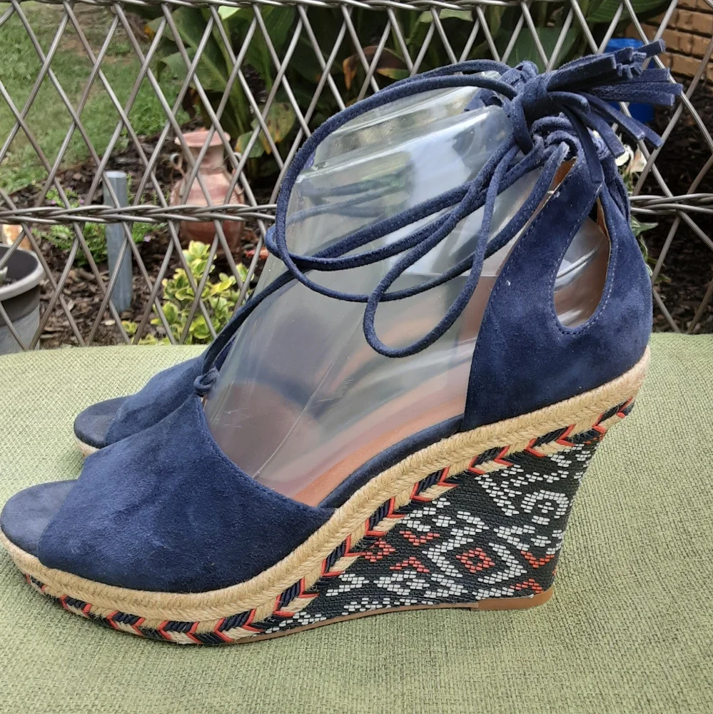Cabi Isla Southwestern Aztec Pattern Suede Lace Up Wedge Sandal.